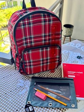 Back to School Backpack Bundle Red Plaid New w/o Tags